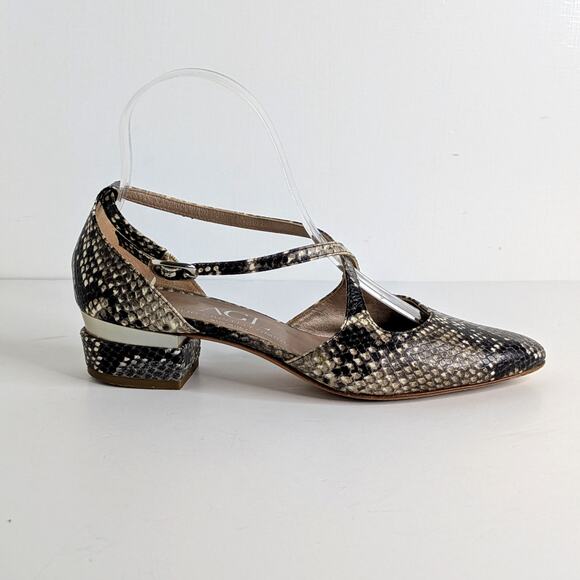 AGL Italian Snakeskin Low Block Heel D'Orsay Pumps Gray Python Print - Picture 9 of 13